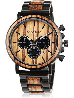 Men's Black Watches Wood & Stainless Steel Combined Chronograph Military Quartz